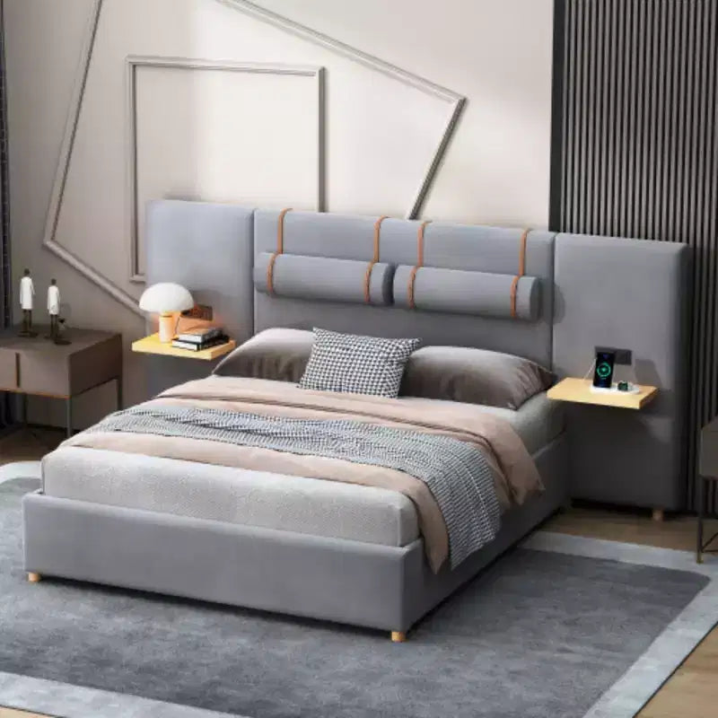 Letto matrimoniale alla francese imbottito in velluto con doppia presa, porte di ricarica USB, cuscini comodino e mensole portaoggetti