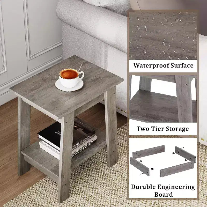 Tavolino da Divano Rustico a 2 Ripiani con Scaffale, Comodino Stretto, Tavolino d'Appoggio Minimalista per Soggiorno e Camera da Letto