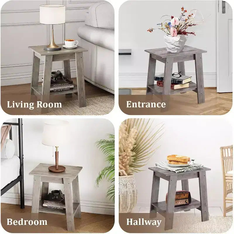 Tavolino da Divano Rustico a 2 Ripiani con Scaffale, Comodino Stretto, Tavolino d'Appoggio Minimalista per Soggiorno e Camera da Letto