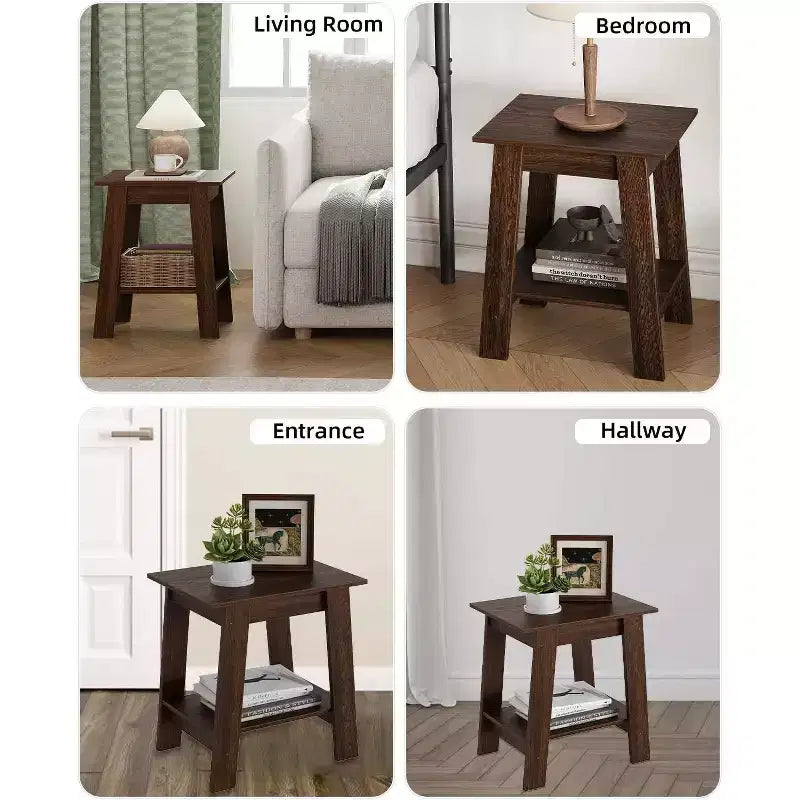 Tavolino da Divano Rustico a 2 Ripiani con Scaffale, Comodino Stretto, Tavolino d'Appoggio Minimalista per Soggiorno e Camera da Letto