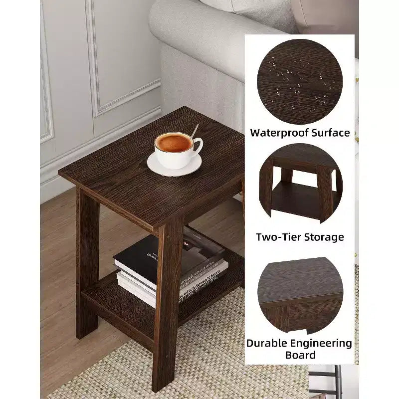 Tavolino da Divano Rustico a 2 Ripiani con Scaffale, Comodino Stretto, Tavolino d'Appoggio Minimalista per Soggiorno e Camera da Letto
