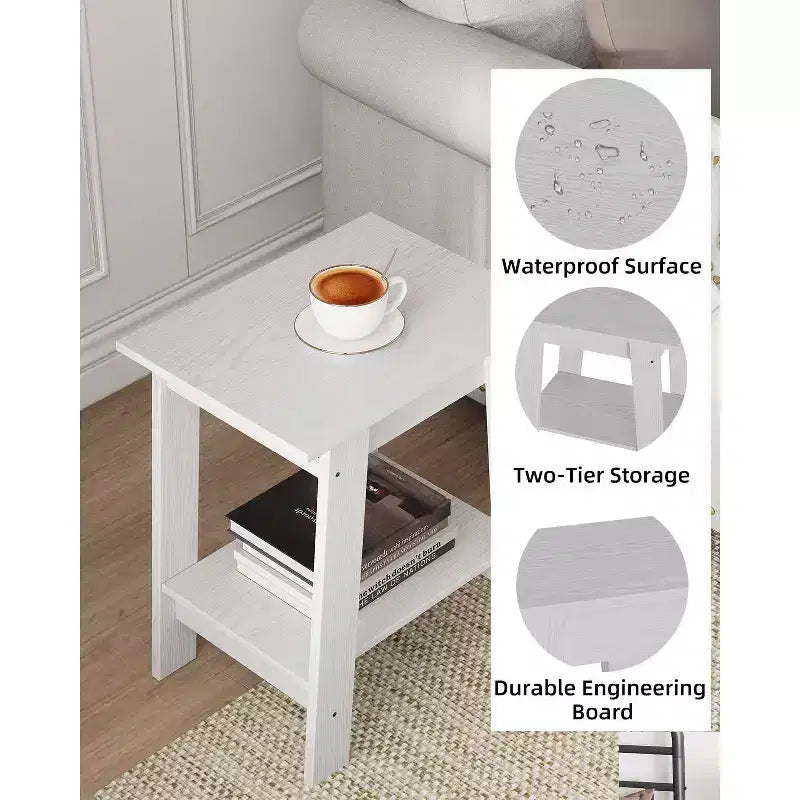 Tavolino da Divano Rustico a 2 Ripiani con Scaffale, Comodino Stretto, Tavolino d'Appoggio Minimalista per Soggiorno e Camera da Letto