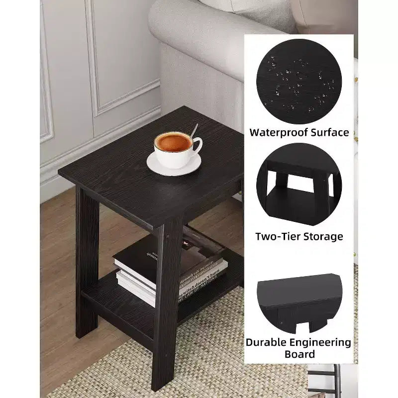 Tavolino da Divano Rustico a 2 Ripiani con Scaffale, Comodino Stretto, Tavolino d'Appoggio Minimalista per Soggiorno e Camera da Letto