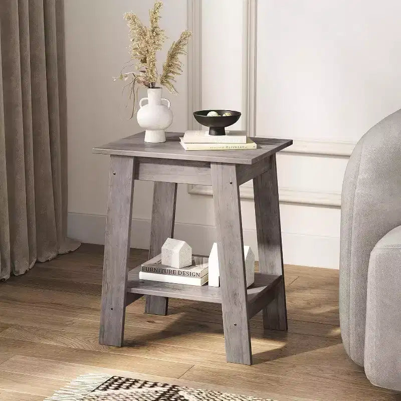 Tavolino da Divano Rustico a 2 Ripiani con Scaffale, Comodino Stretto, Tavolino d'Appoggio Minimalista per Soggiorno e Camera da Letto