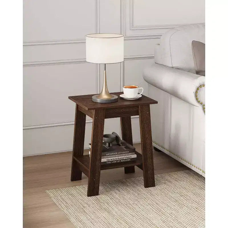 Tavolino da Divano Rustico a 2 Ripiani con Scaffale, Comodino Stretto, Tavolino d'Appoggio Minimalista per Soggiorno e Camera da Letto
