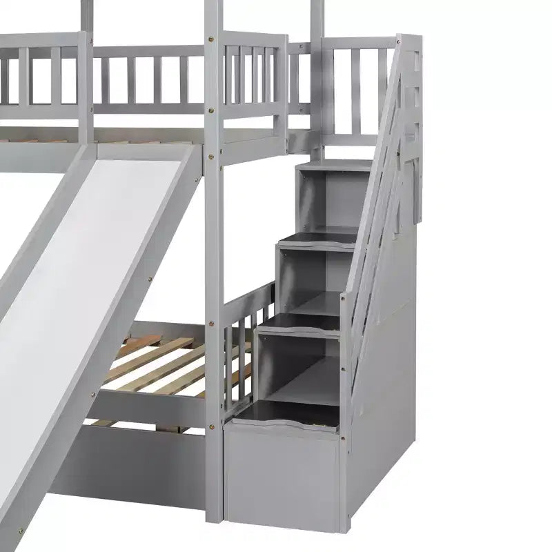 Letto a castello a casetta con letto estraibile e scivolo, scala contenitore, tetto e