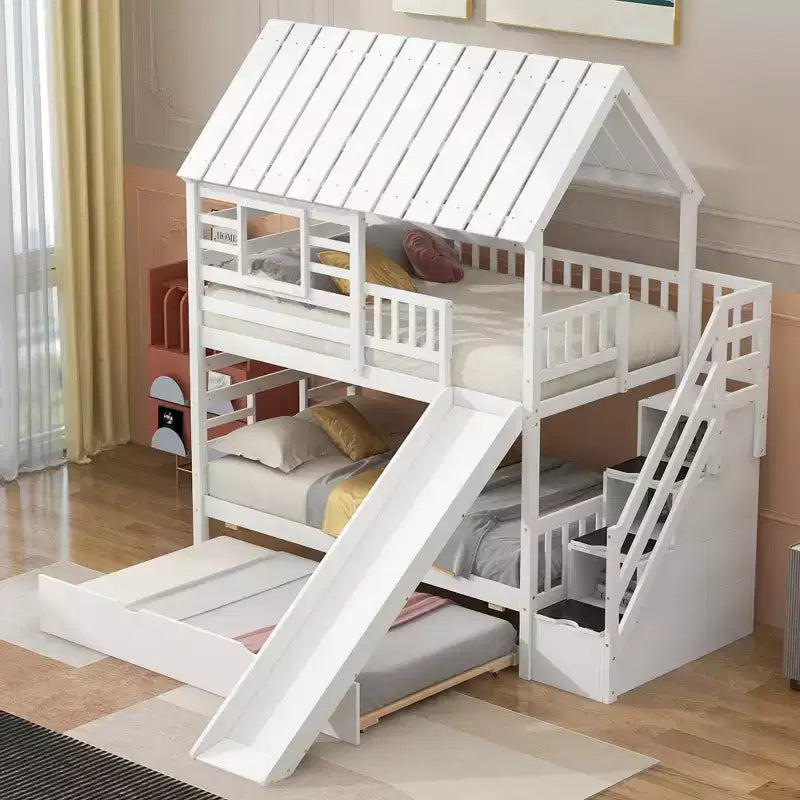 Letto a castello a casetta con letto estraibile e scivolo, scala contenitore, tetto e