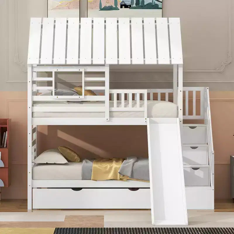 Letto a castello a casetta con letto estraibile e scivolo, scala contenitore, tetto e