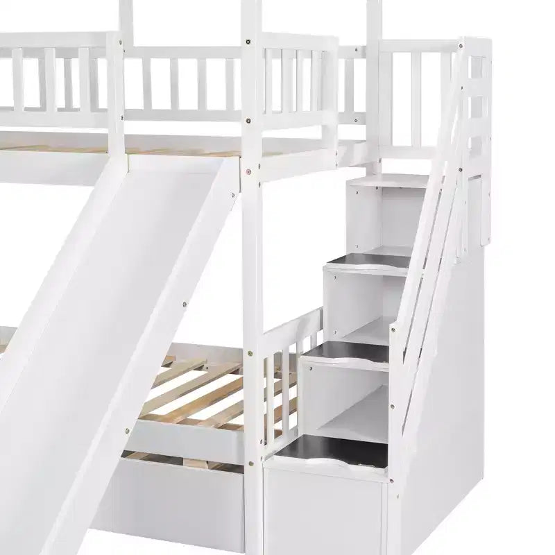 Letto a castello a casetta con letto estraibile e scivolo, scala contenitore, tetto e