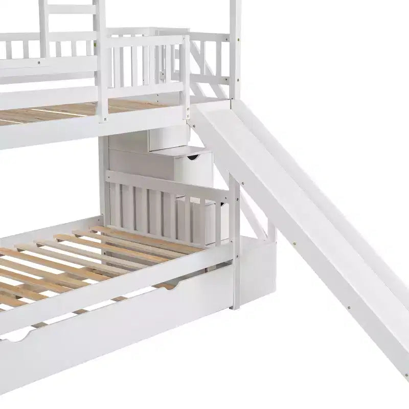 Letto a castello a casetta con letto estraibile e scivolo, scala contenitore, tetto e