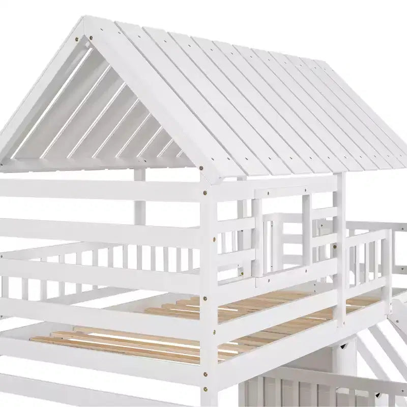 Letto a castello a casetta con letto estraibile e scivolo, scala contenitore, tetto e