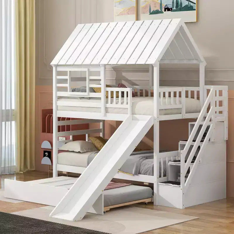 Letto a castello a casetta con letto estraibile e scivolo, scala contenitore, tetto e