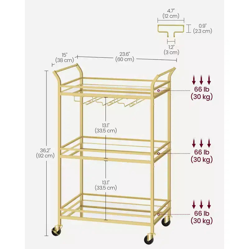 Carrello Bar, Carrello Bar da Casa, Carrello Bar Piccolo con Ripiani a 3 Livelli, Portabottiglie, Portabicchieri, Carrello Bar, 15 x 23.6 x 36.2 Pollici