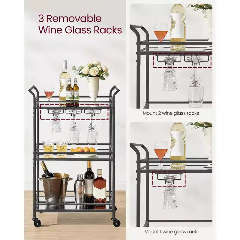 Carrello Bar, Carrello Bar da Casa, Carrello Bar Piccolo con Ripiani a 3 Livelli, Portabottiglie, Portabicchieri, Carrello Bar, 15 x 23.6 x 36.2 Pollici