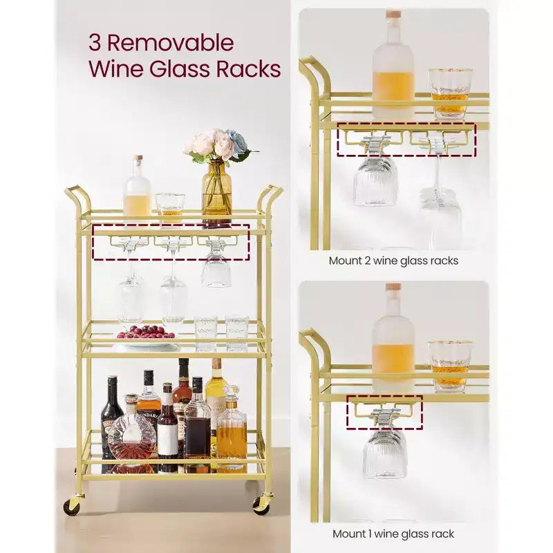 Carrello Bar, Carrello Bar da Casa, Carrello Bar Piccolo con Ripiani a 3 Livelli, Portabottiglie, Portabicchieri, Carrello Bar, 15 x 23.6 x 36.2 Pollici