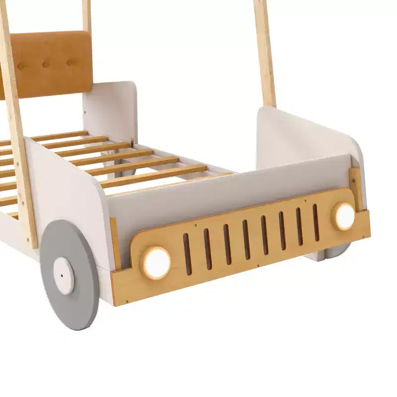 Lettino auto in legno con cuscino, tettuccio in tessuto e LED - Naturale