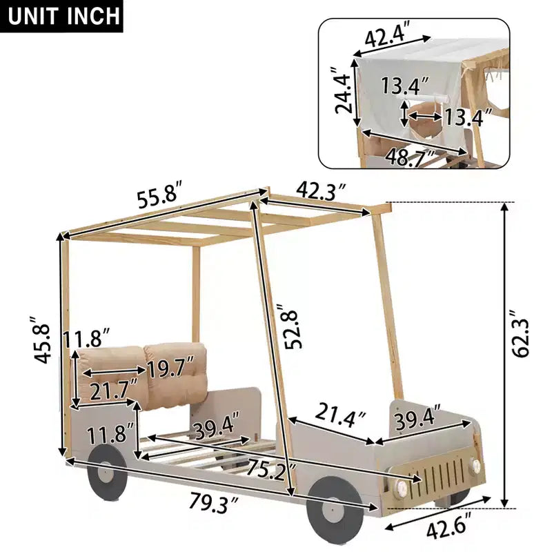 Lettino auto in legno con cuscino, tettuccio in tessuto e LED - Naturale