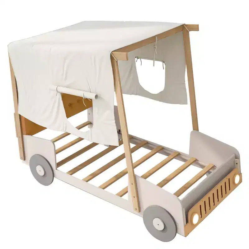 Lettino auto in legno con cuscino, tettuccio in tessuto e LED - Naturale