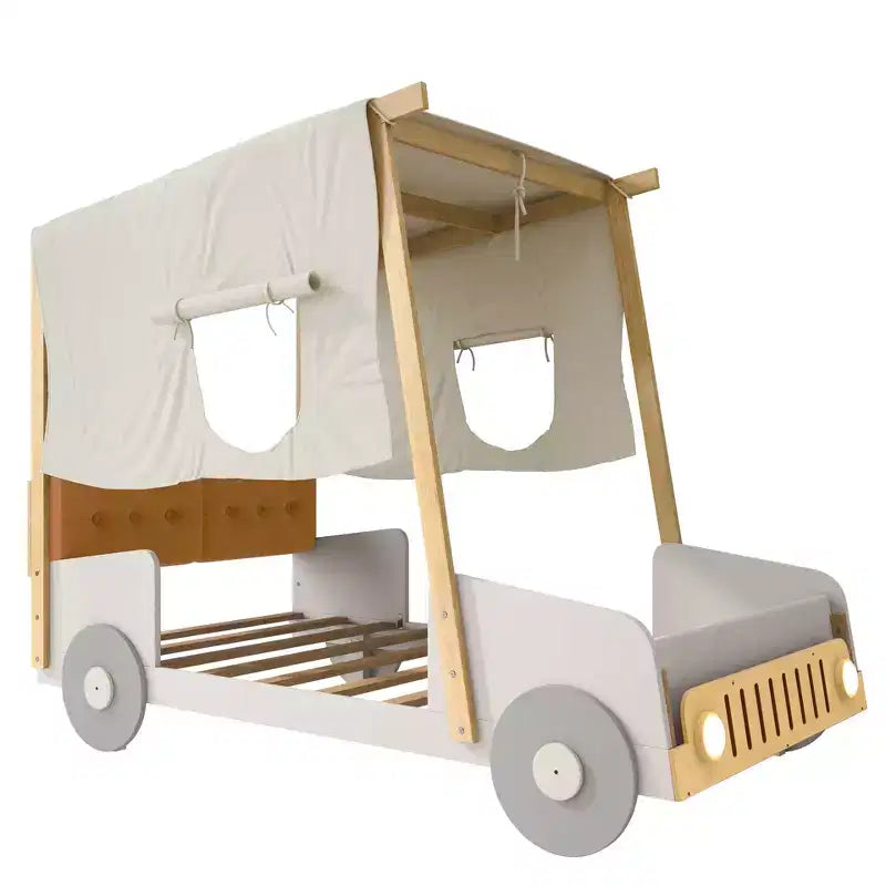 Lettino auto in legno con cuscino, tettuccio in tessuto e LED - Naturale