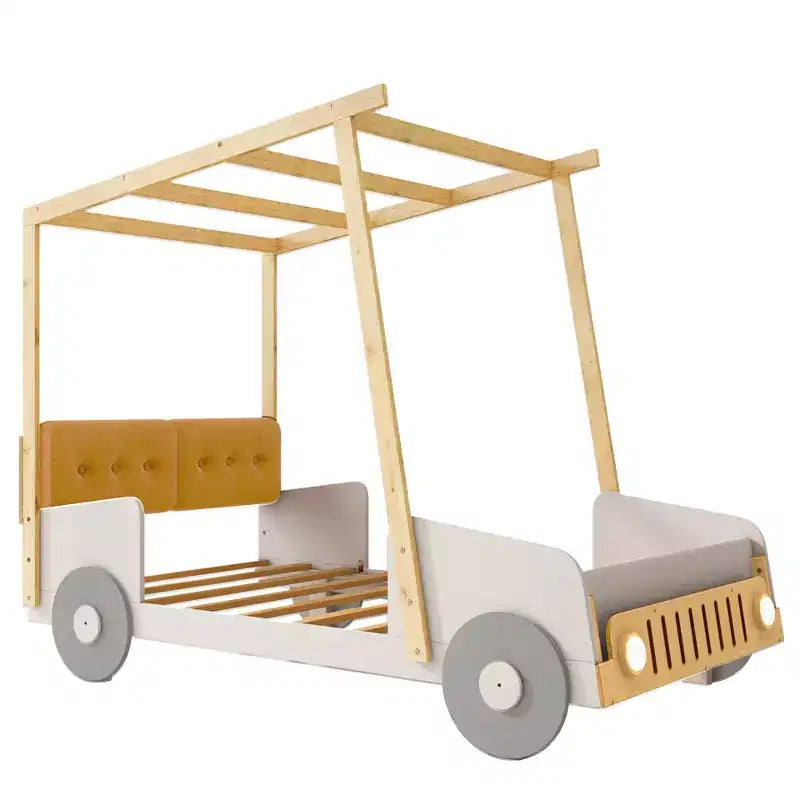 Lettino auto in legno con cuscino, tettuccio in tessuto e LED - Naturale