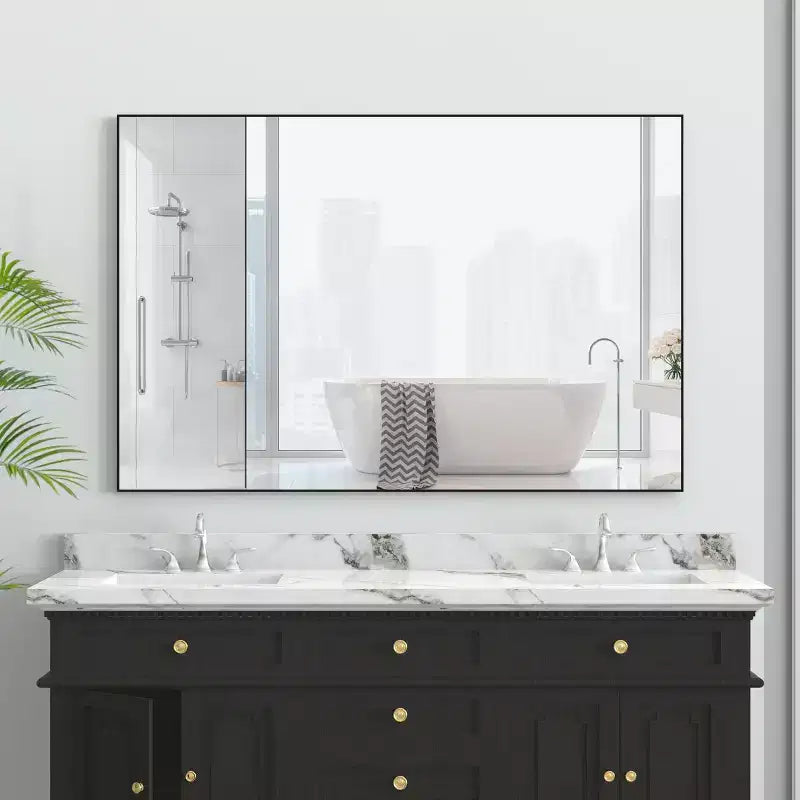 Specchio da bagno moderno con cornice nera 48x32: Sovradimensionato, alluminio, montaggio a parete, verticale/orizzontale