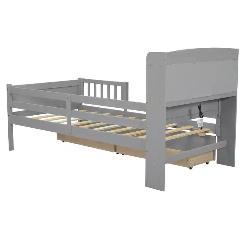 Letto a piattaforma in legno a una piazza con luce LED integrata, testiera multifunzionale, ringhiera e cassetti