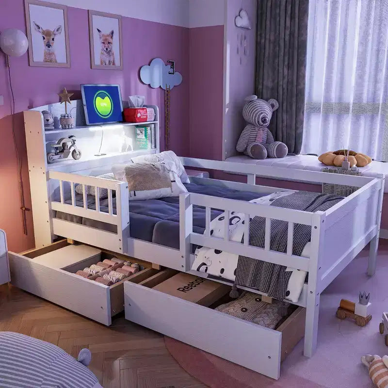 Letto a piattaforma in legno a una piazza con luce LED integrata, testiera multifunzionale, ringhiera e cassetti