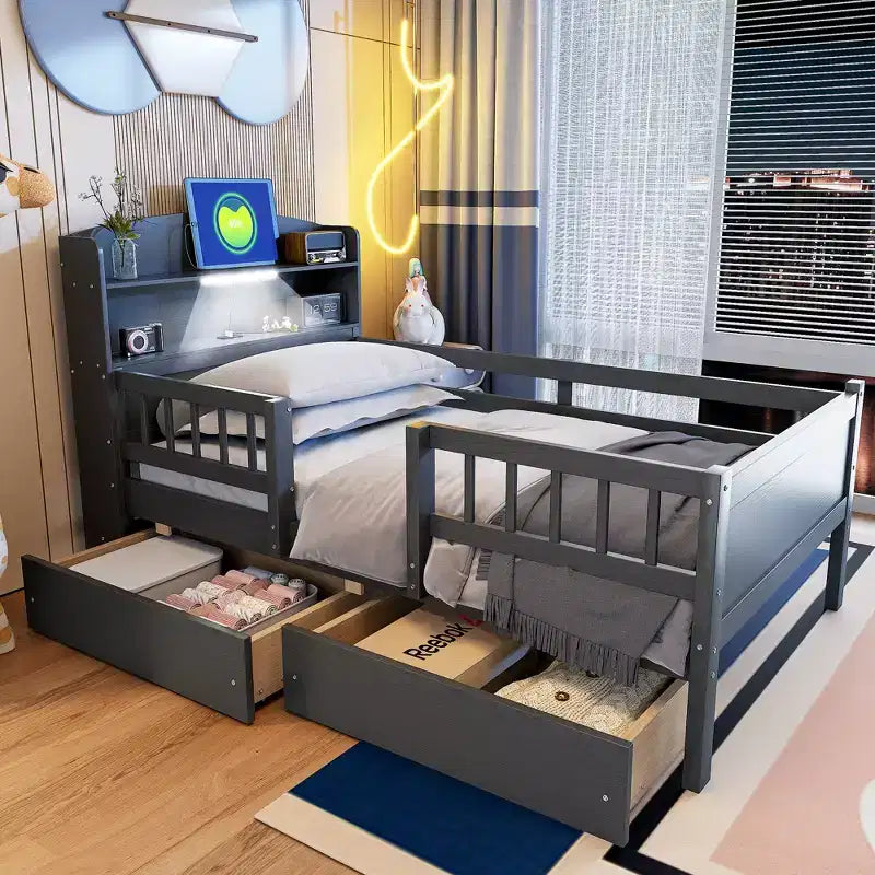 Letto a piattaforma in legno a una piazza con luce LED integrata, testiera multifunzionale, ringhiera e cassetti
