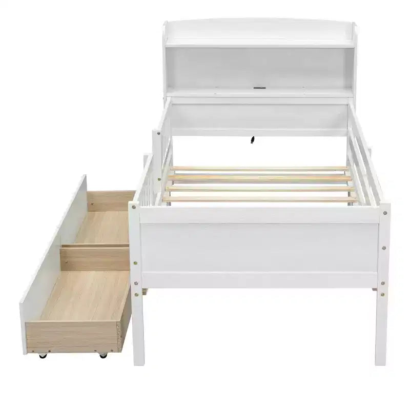 Letto a piattaforma in legno a una piazza con luce LED integrata, testiera multifunzionale, ringhiera e cassetti