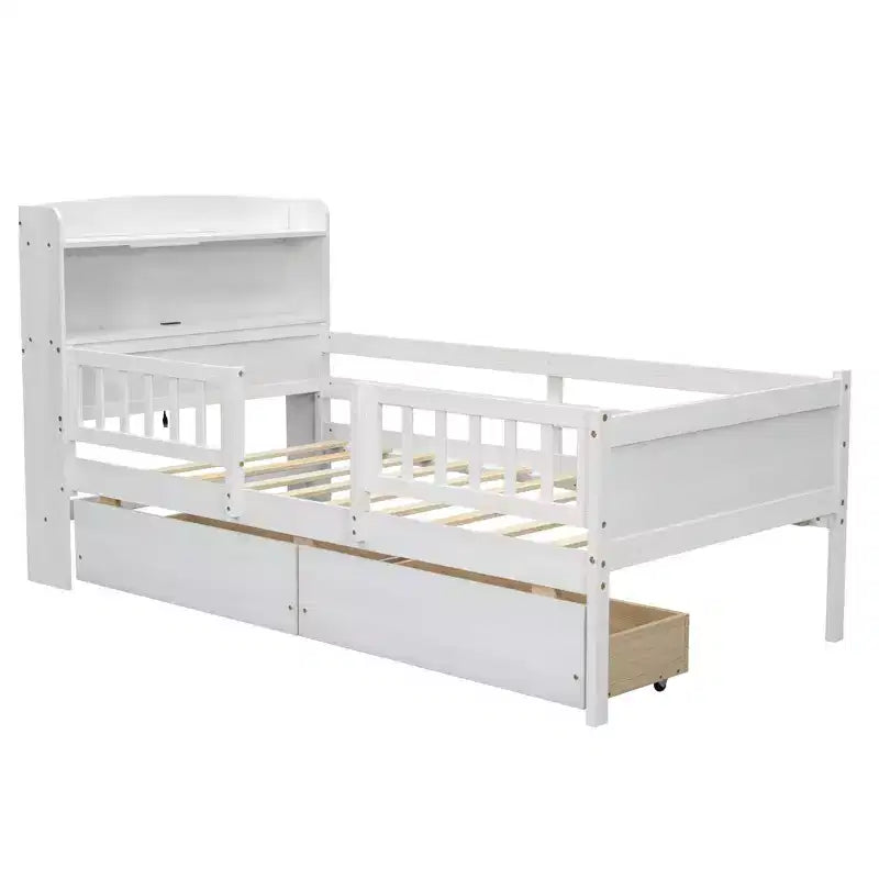 Letto a piattaforma in legno a una piazza con luce LED integrata, testiera multifunzionale, ringhiera e cassetti