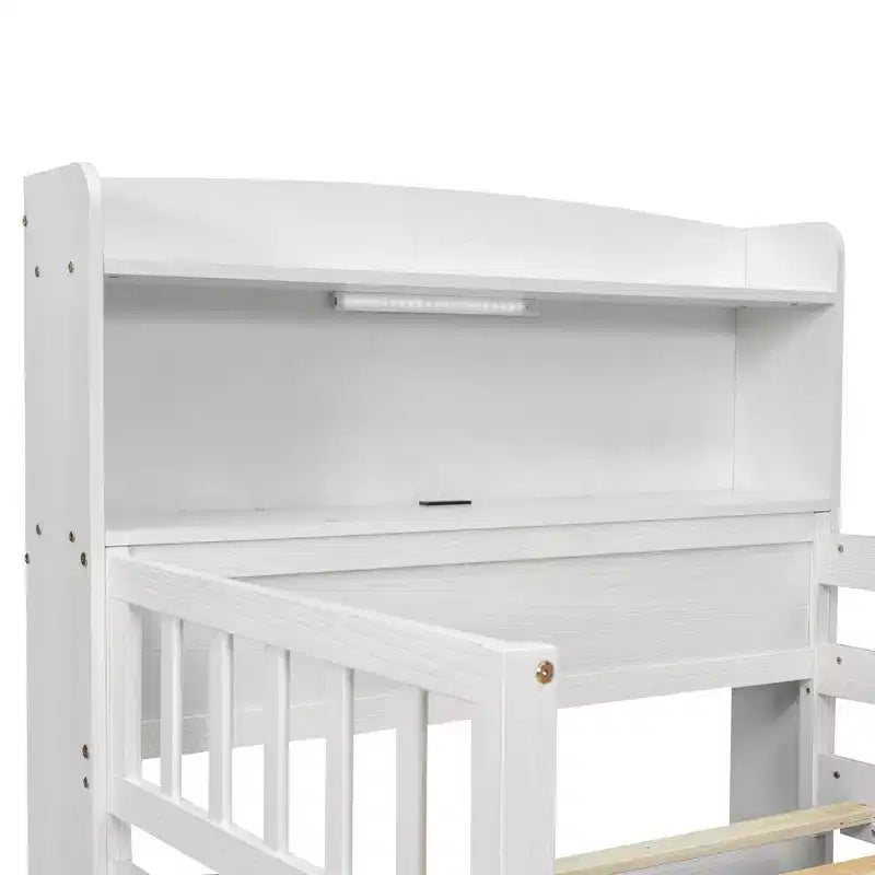 Letto a piattaforma in legno a una piazza con luce LED integrata, testiera multifunzionale, ringhiera e cassetti