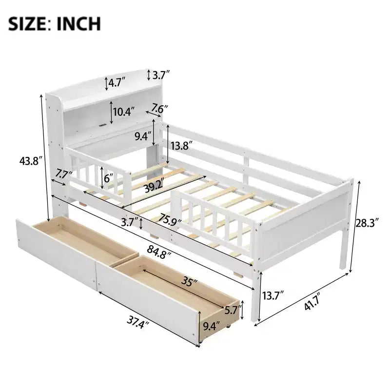 Letto a piattaforma in legno a una piazza con luce LED integrata, testiera multifunzionale, ringhiera e cassetti