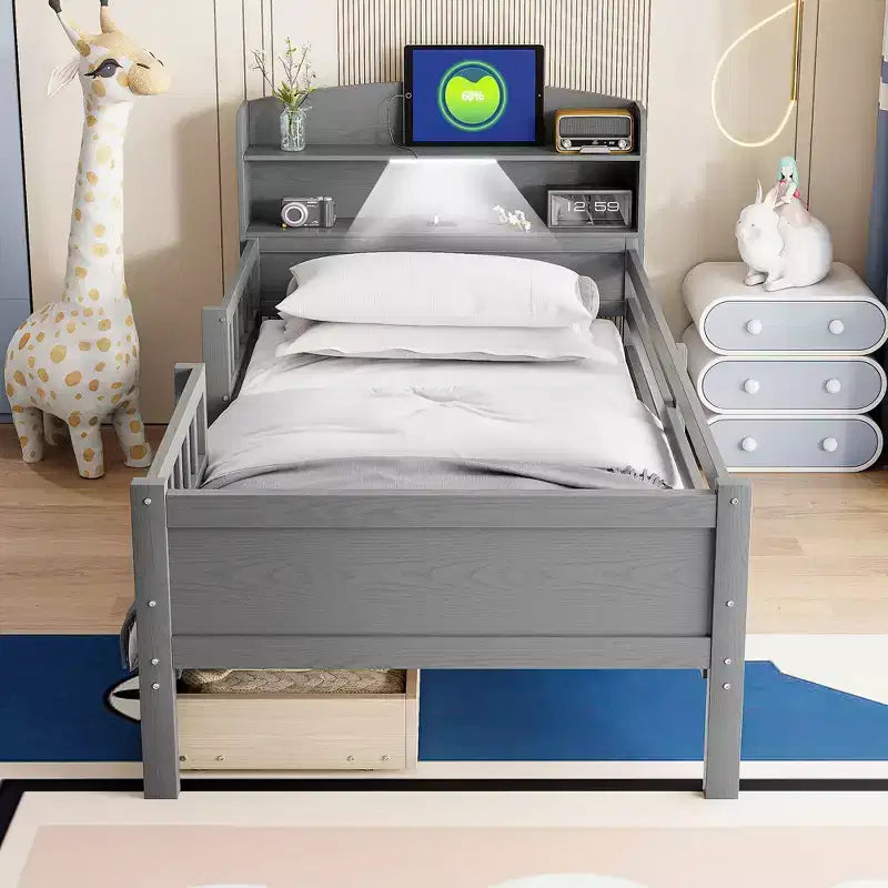 Letto a piattaforma in legno a una piazza con luce LED integrata, testiera multifunzionale, ringhiera e cassetti