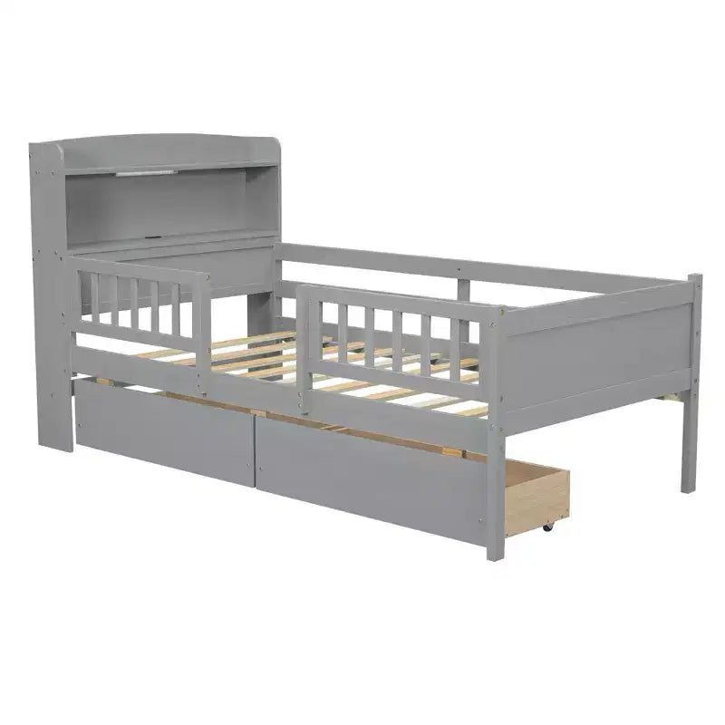 Letto a piattaforma in legno a una piazza con luce LED integrata, testiera multifunzionale, ringhiera e cassetti