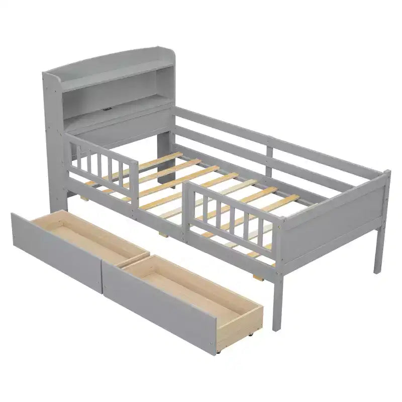 Letto a piattaforma in legno a una piazza con luce LED integrata, testiera multifunzionale, ringhiera e cassetti