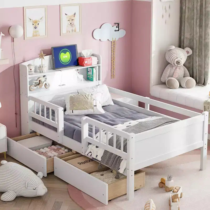 Letto a piattaforma in legno a una piazza con luce LED integrata, testiera multifunzionale, ringhiera e cassetti