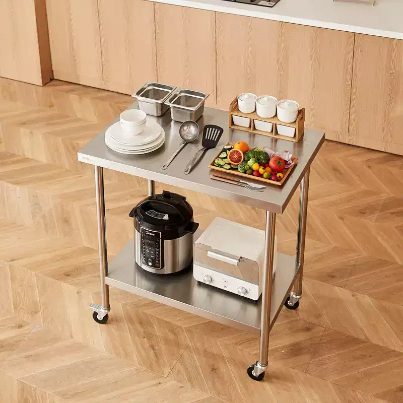 Tavolo da lavoro in acciaio inossidabile 30 x 36 x 38 pollici, con 4 ruote, 3 livelli di altezza regolabili, piano di lavoro per la preparazione di alimenti per cucine commerciali