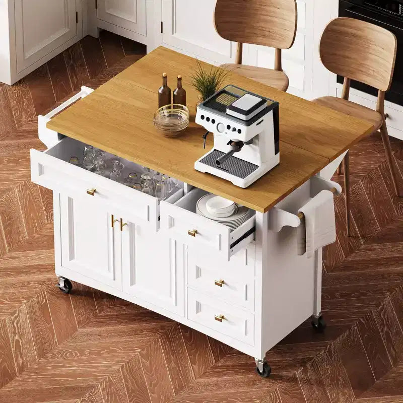 Isola da cucina da 52'' con anta a ribalta, ripiani integrati, cassetti e ripiano regolabile, isola da cucina con ruote