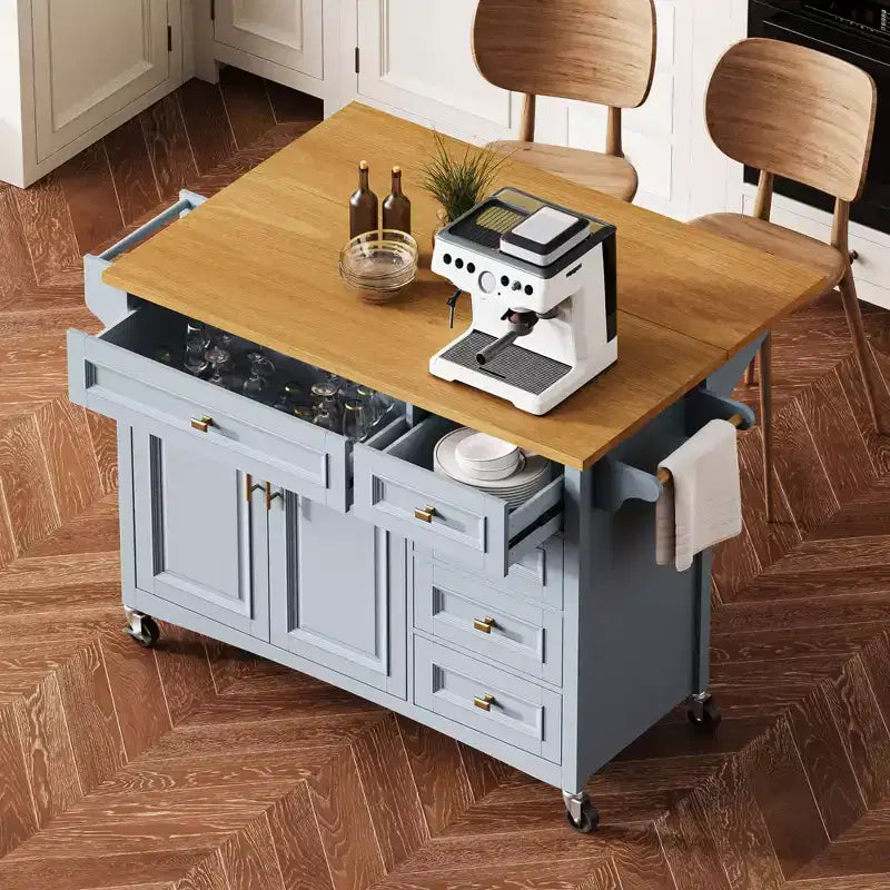 Isola da cucina da 52'' con anta a ribalta, ripiani integrati, cassetti e ripiano regolabile, isola da cucina con ruote