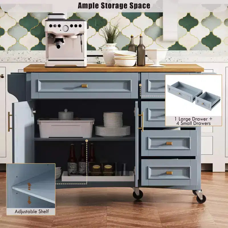 Isola da cucina da 52'' con anta a ribalta, ripiani integrati, cassetti e ripiano regolabile, isola da cucina con ruote