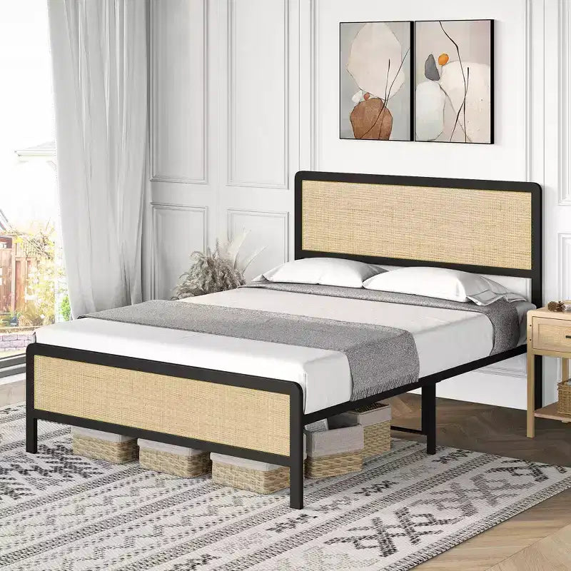 Struttura letto con testiera/pediera in rattan, struttura letto a piattaforma, struttura letto/nessuna molla necessaria/facile montaggio/senza rumore