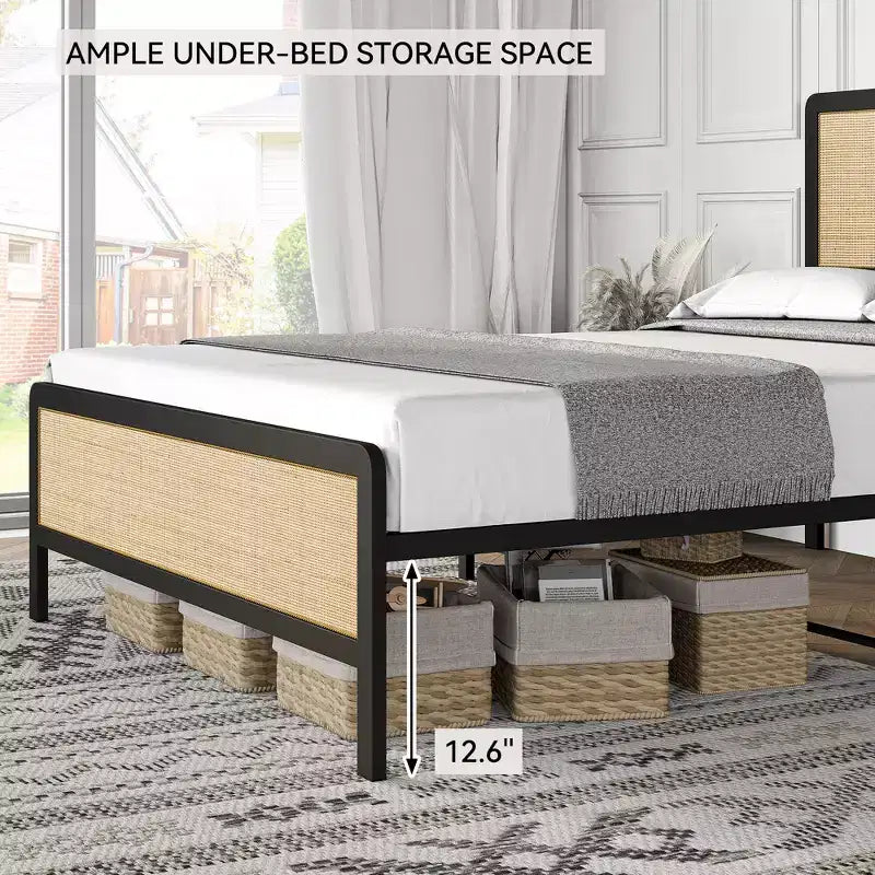 Struttura letto con testiera/pediera in rattan, struttura letto a piattaforma, struttura letto/nessuna molla necessaria/facile montaggio/senza rumore