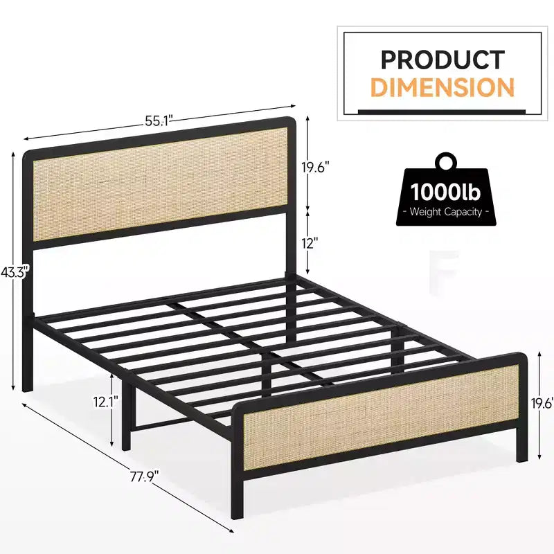 Struttura letto con testiera/pediera in rattan, struttura letto a piattaforma, struttura letto/nessuna molla necessaria/facile montaggio/senza rumore