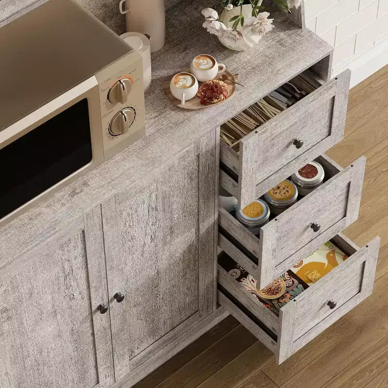 Mobiletto regolabile alto 67 pollici con ante in vetro temperato, piano spazioso, mobiletto moderno per cucina, angolo caffè, organizer da ufficio