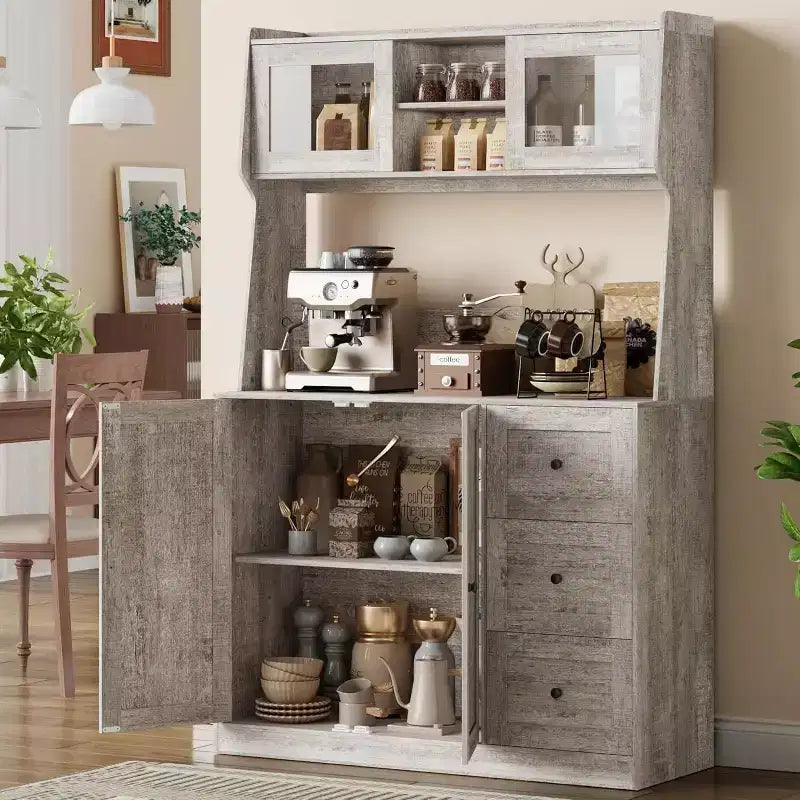 Mobiletto regolabile alto 67 pollici con ante in vetro temperato, piano spazioso, mobiletto moderno per cucina, angolo caffè, organizer da ufficio