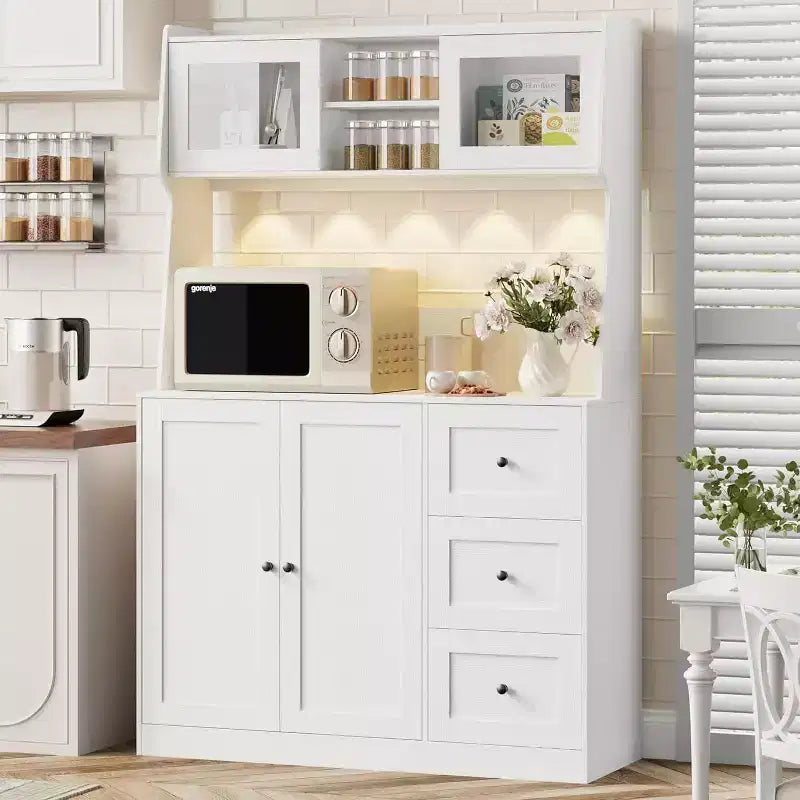 Mobiletto regolabile alto 67 pollici con ante in vetro temperato, piano spazioso, mobiletto moderno per cucina, angolo caffè, organizer da ufficio