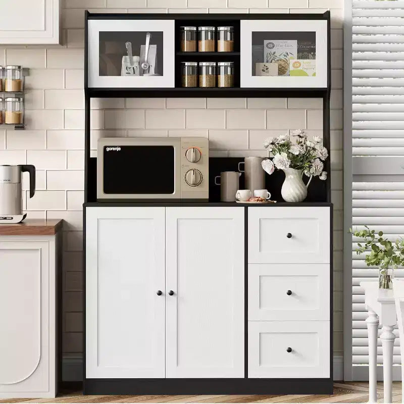 Mobiletto regolabile alto 67 pollici con ante in vetro temperato, piano spazioso, mobiletto moderno per cucina, angolo caffè, organizer da ufficio