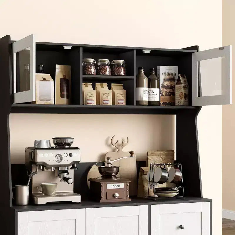 Mobiletto regolabile alto 67 pollici con ante in vetro temperato, piano spazioso, mobiletto moderno per cucina, angolo caffè, organizer da ufficio