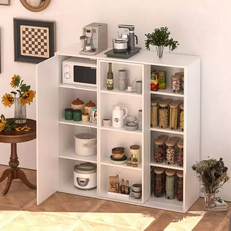 Mobiletto Contenitore a Colonna a 4 Ripiani, Dispensa da Cucina con Anta e Ripiani Regolabili, Organizzatore Autoportante per Bagno, Bianco