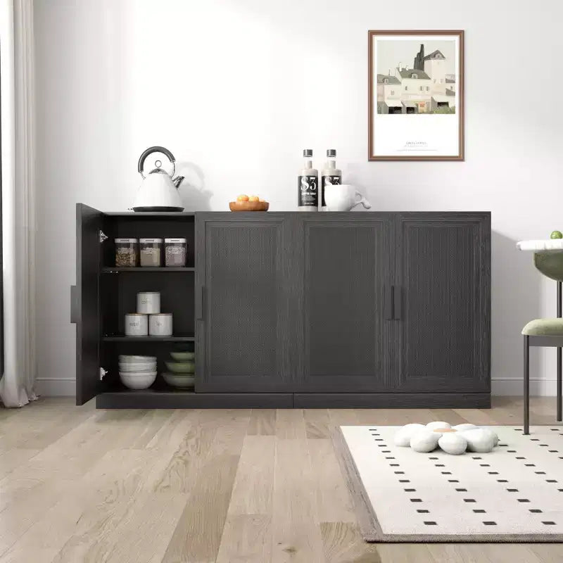 31x62x16 Credenza in Legno Venato Nera, Mobile Contenitore con Ripiani Regolabili e Ante in Rattan per Sala da Pranzo